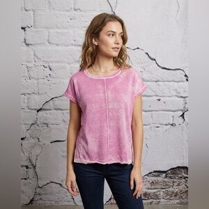Sundance Distressed Acid Wash Burnout Pink V-Neck Pullover Cotton Top Sleeves